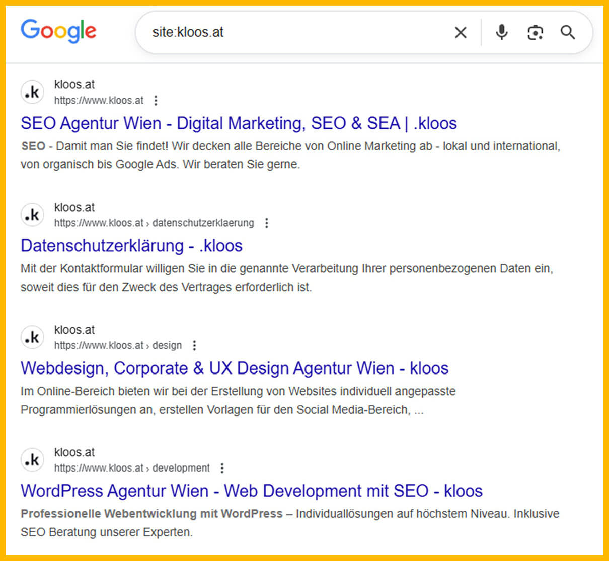 Screenshot der Google-Suche nach site:kloos.at mit mehreren indexierten Seiten der Domain in den Suchergebnissen.