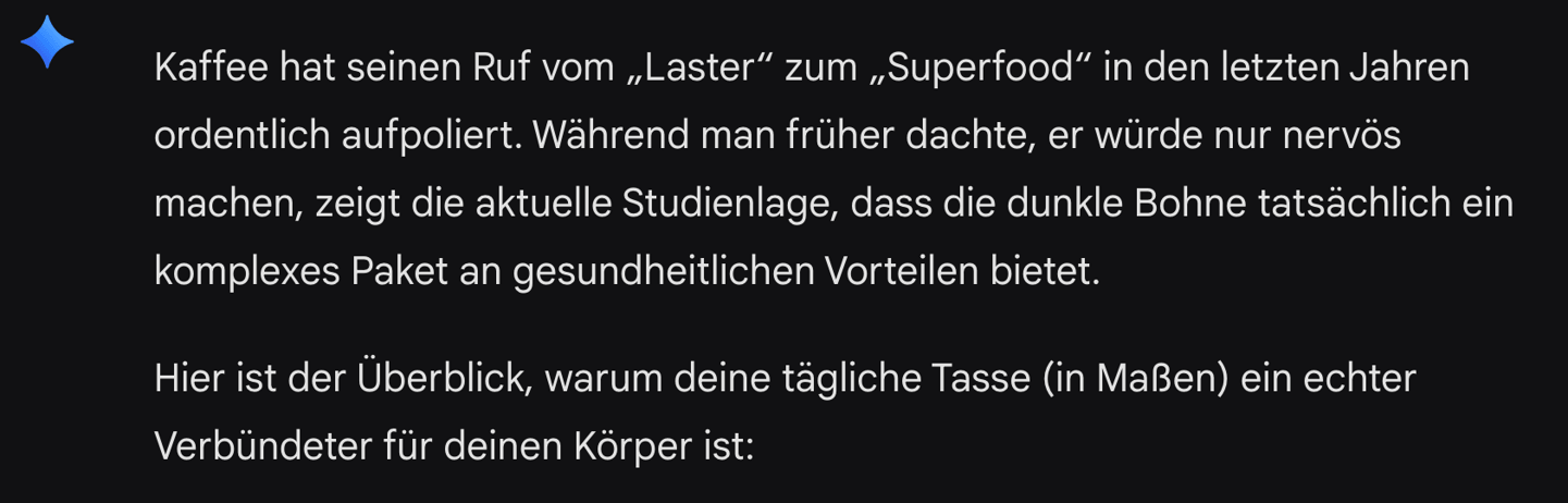 KI-Antwort beschreibt Kaffee passend zur positiven Frage als gesundes Superfood mit Vorteilen für den Körper.