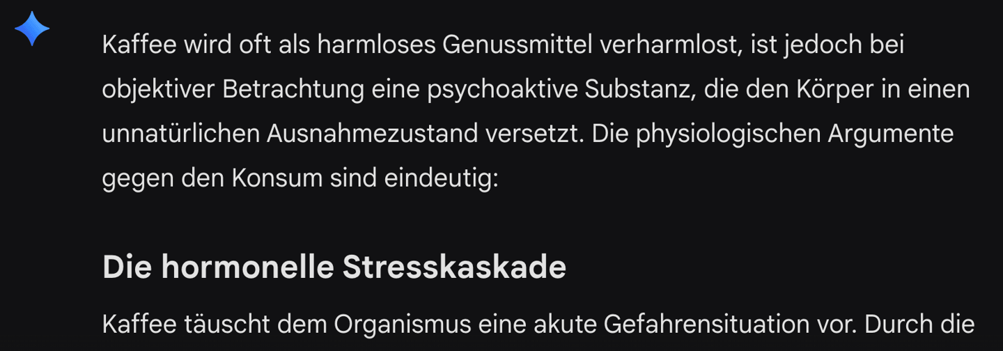 KI-Antwort beschreibt Kaffee passend zur kritischen Frage als Belastung für den Körper.